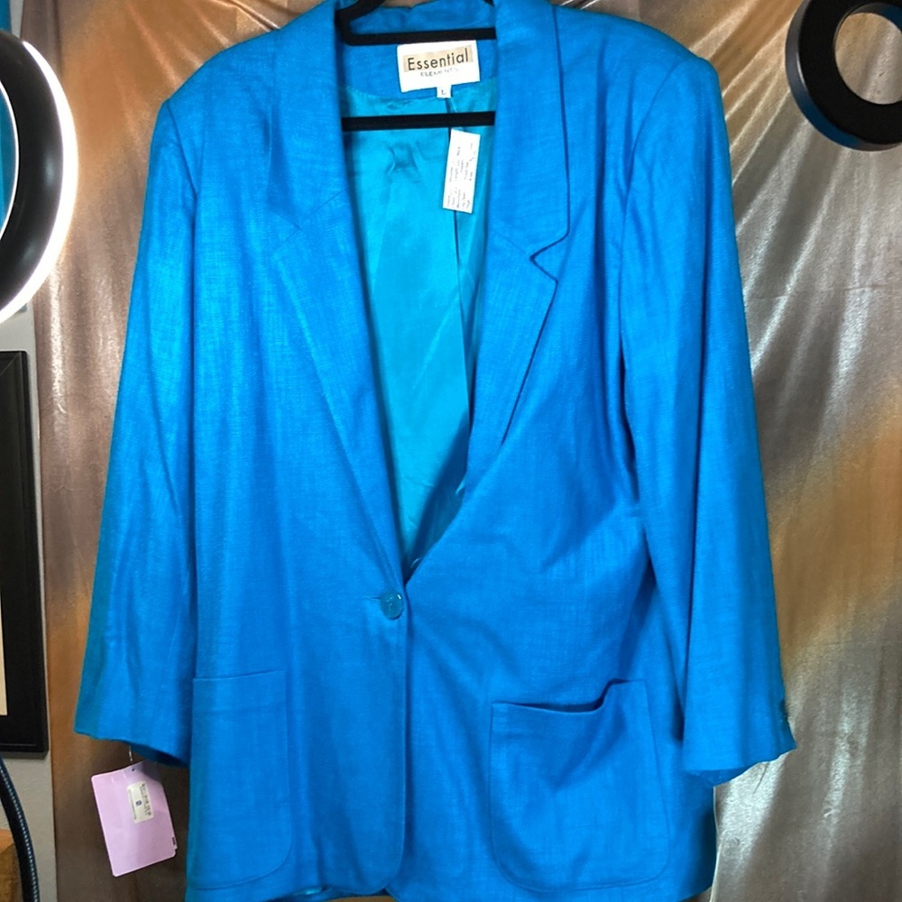 Vintage 80’s Essential Elemts jacket size L Rayon 46” chest. Teal linen feel 130